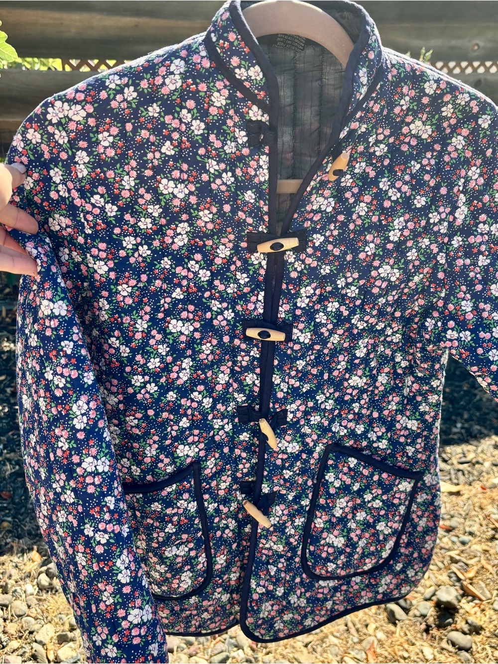 Vintage Floral Quilted Jacket in Navy with Pink & White Flowers